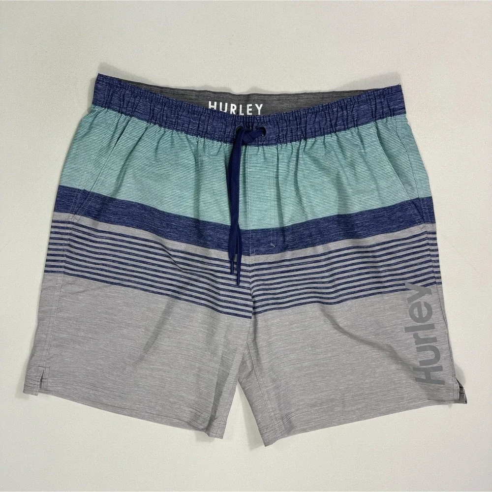 Hurley Surf Club Mens 2XL Swim Trunks Blue Grey Striped Lined Board Shorts Beach